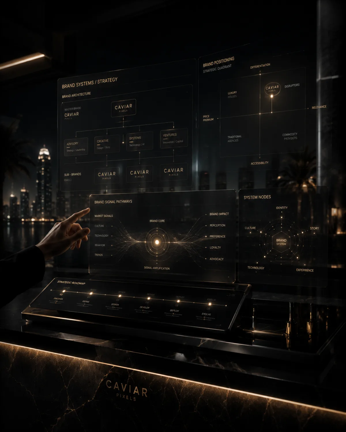Holographic brand architecture and positioning boards above a dark marble desk.