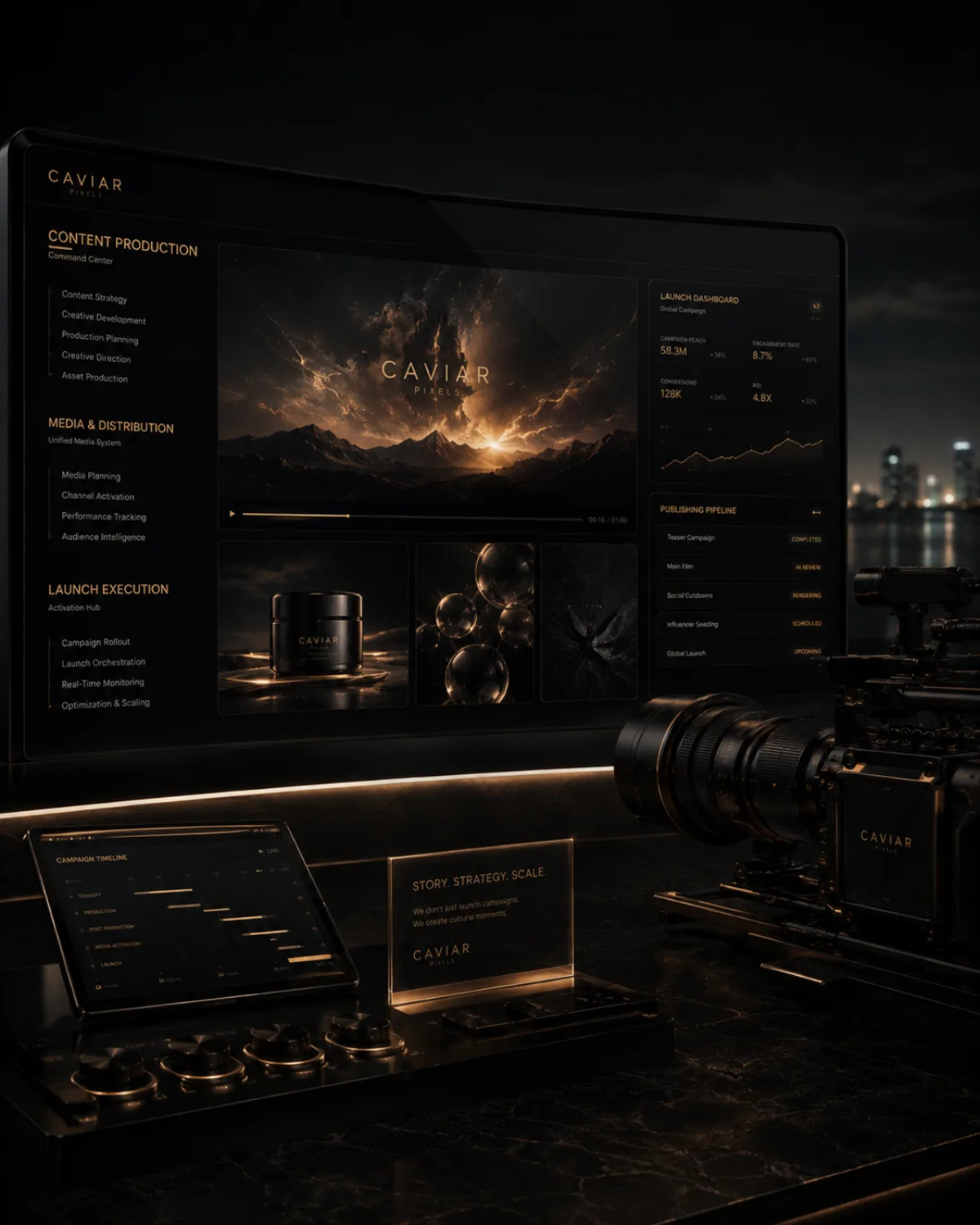 A content production command centre with a campaign launch dashboard and a cinema camera.