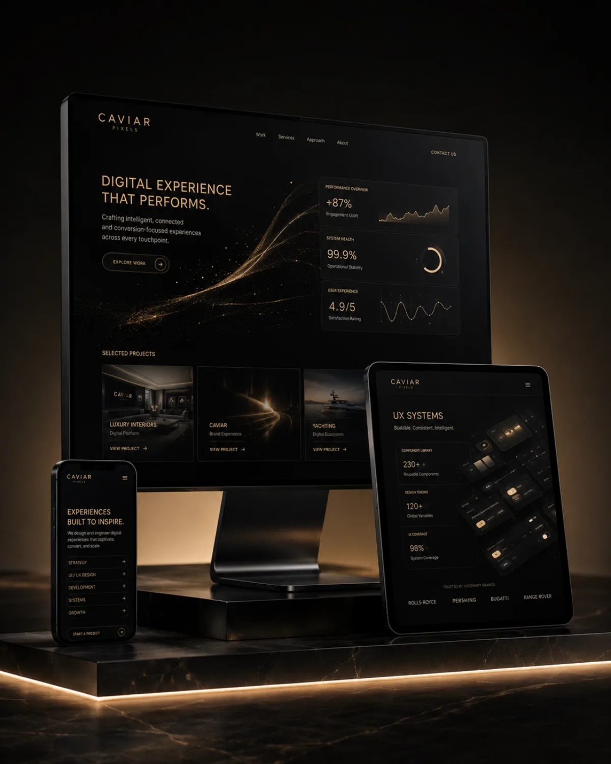 A luxury digital platform shown across desktop, tablet and phone in black and gold.
