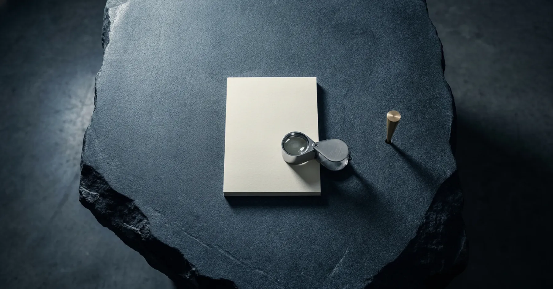 A strategic intelligence workspace: black stone table, blank archival sheets and platinum instruments.